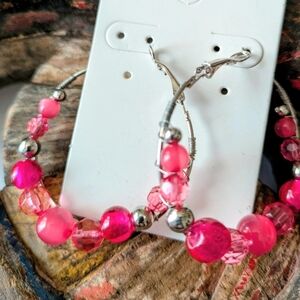 Pink and Silver Beaded Hoop Earrings